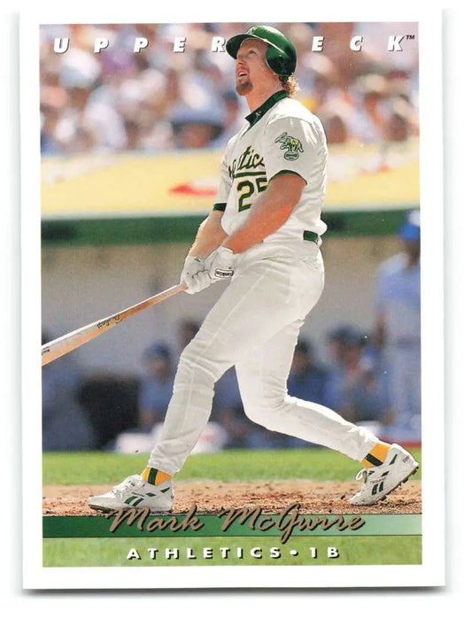 Baseball card of Mark McGwire in white and green Oakland Athletics uniform