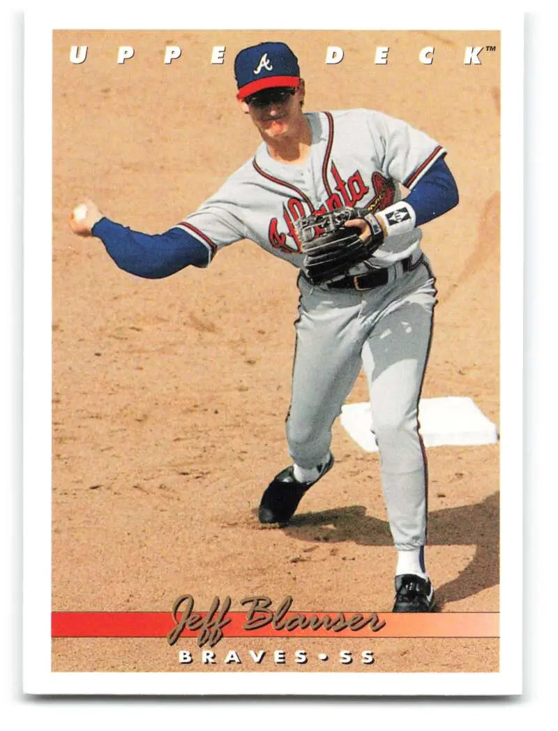 Baseball card of Jeff Blauser in fielding position for Atlanta Braves