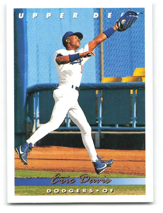 Baseball player Eric Davis leaps in Dodgers uniform for 1993 Upper Deck card