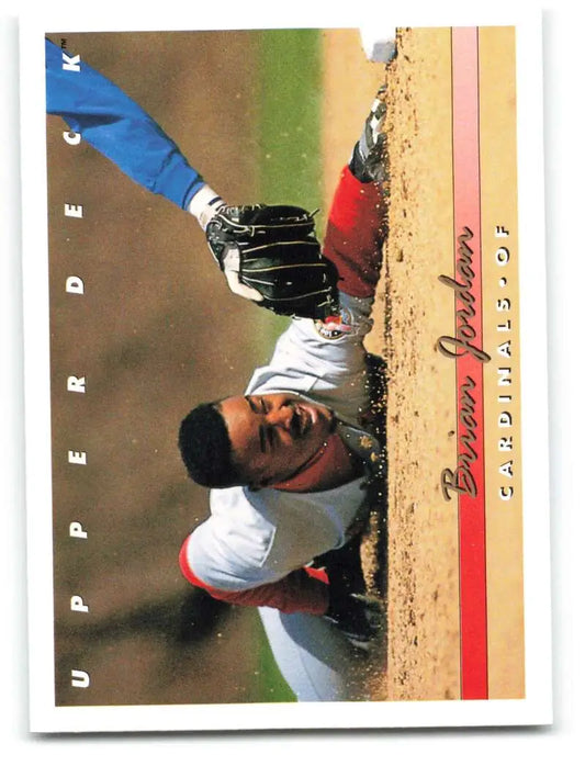 Baseball card of Brian Jordan pitching on the mound, 1993 Upper Deck #596