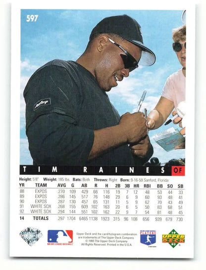 Baseball card of Tim Raines signing an autograph for Chicago White Sox fans