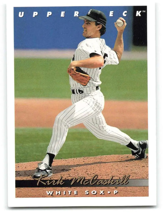 Kirk McCaskill pitching in a white pinstriped uniform for the Chicago White Sox
