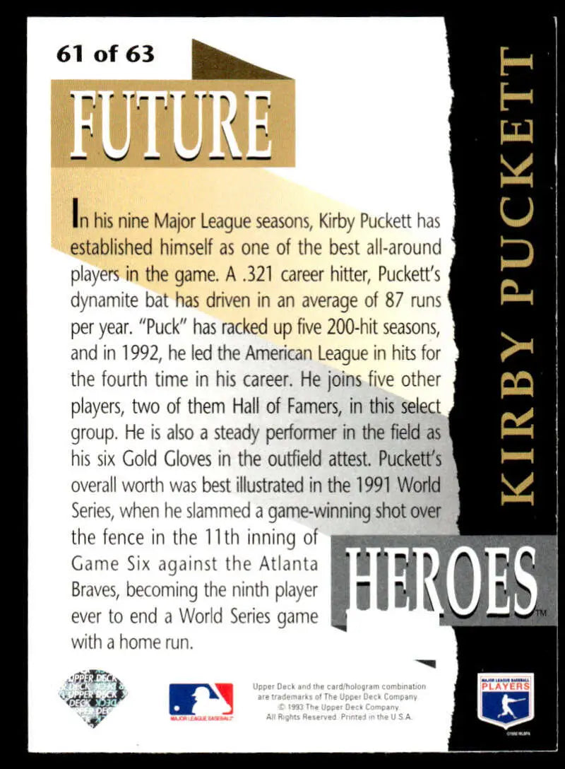 Baseball card featuring Future Heroes text with gold and black design, Kirby Puckett