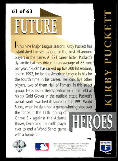 Baseball card featuring Future Heroes text with gold and black design, Kirby Puckett