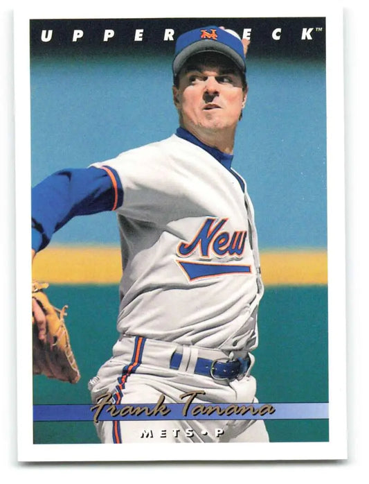Baseball card of Frank Tanana mid-throw in white and blue Mets uniform