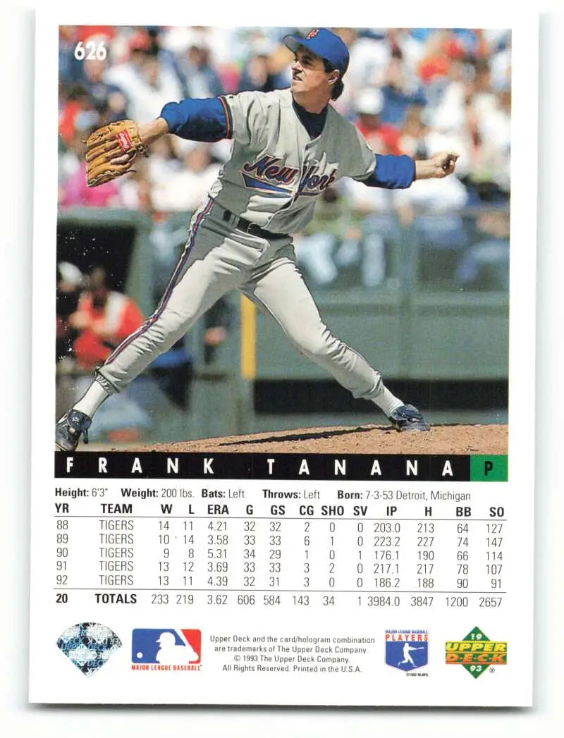 Baseball card of Frank Tanana in mid-delivery wearing New York Mets uniform