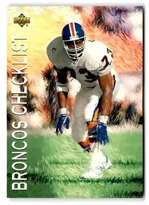 Football player in action featured on 1993 Upper Deck #66 Broncos Checklist trading card