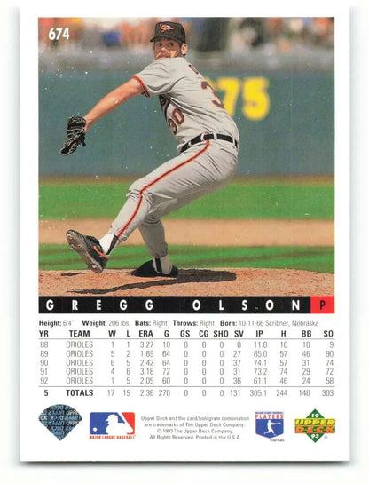 Gregg Olson pitching in gray uniform on Baltimore Orioles baseball card 1993 Upper Deck