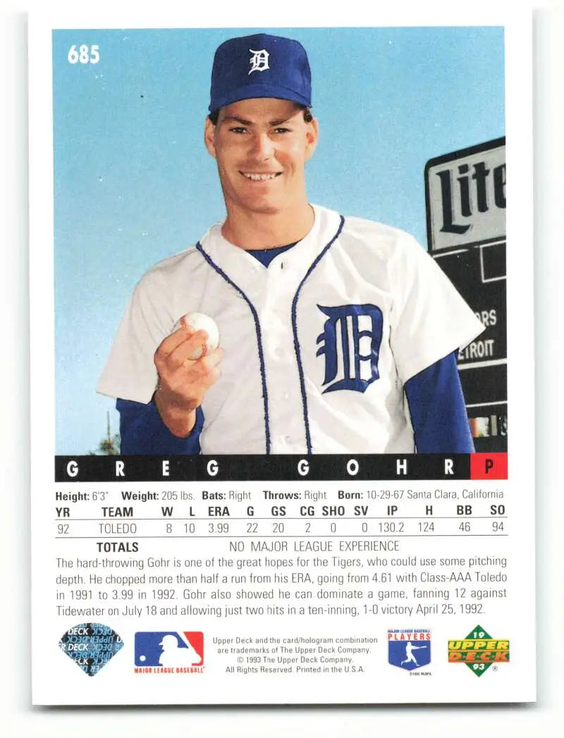 Greg Gohr in Detroit Tigers uniform holding baseball for Upper Deck card 1993