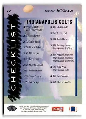 1993 Upper Deck Colts Checklist for Indianapolis Colts Trading Cards