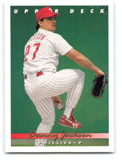 Baseball card of Danny Jackson, Philadelphia Phillies pitcher in pinstripes from Upper Deck