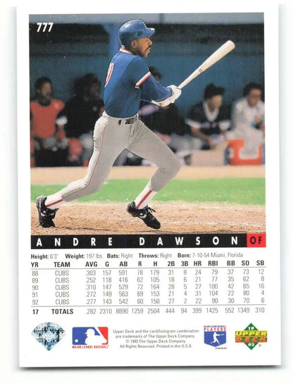Boston Red Sox 1993 Upper Deck #777 Andre Dawson baseball card mid-swing in blue uniform