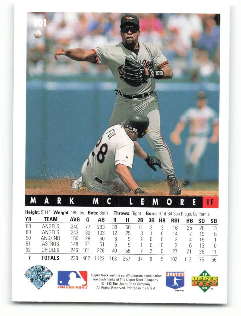 1993 Upper Deck baseball card of Mark McLemore in a Baltimore Orioles double play action