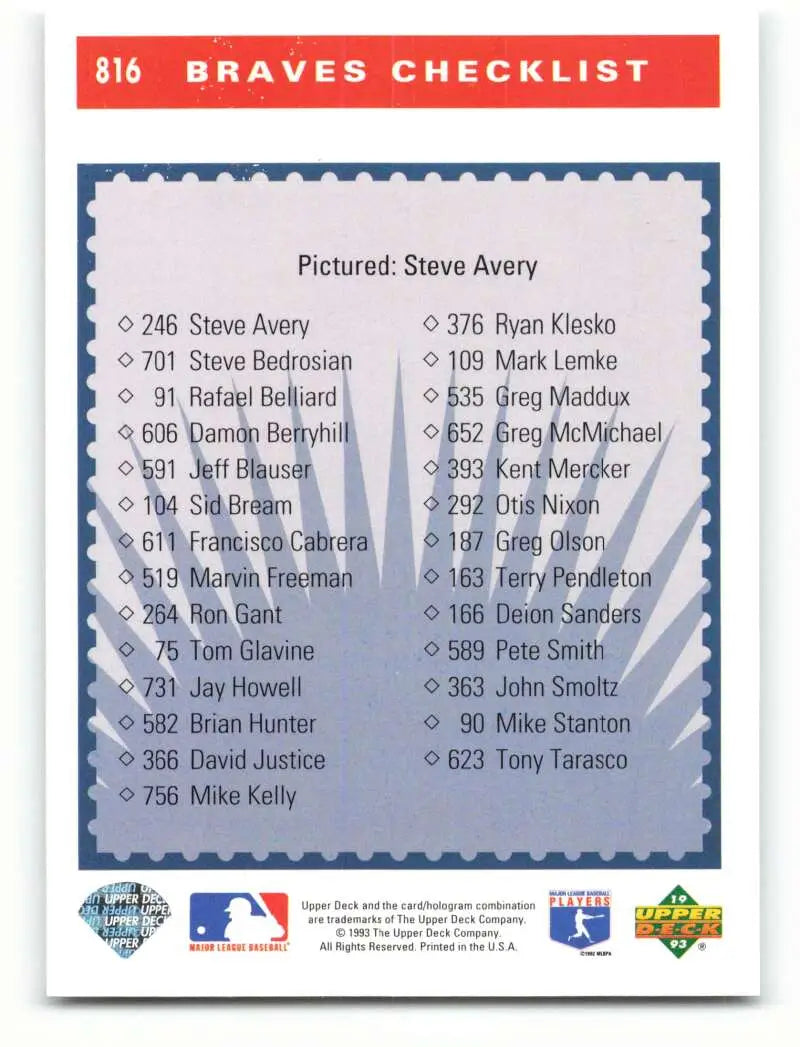 Baseball card checklist for Atlanta Braves featuring Steve Avery 1993 Upper Deck #816
