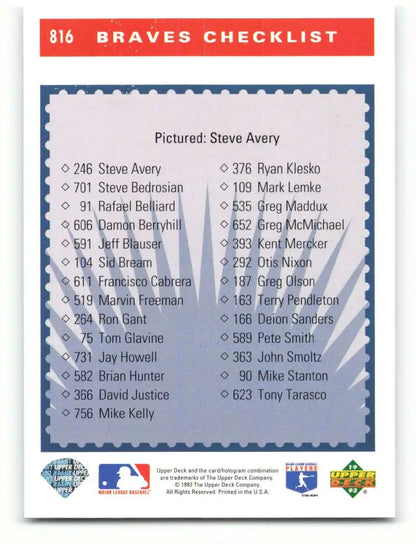 Baseball card checklist for Atlanta Braves featuring Steve Avery 1993 Upper Deck #816