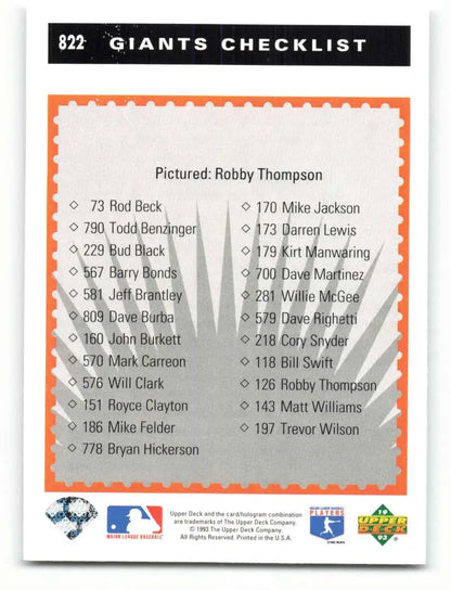 Baseball card checklist featuring Robby Thompson of the San Francisco Giants team