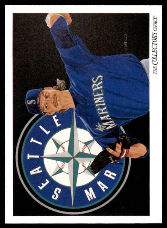 Randy Johnson in Seattle Mariners uniform over team logo on baseball card design