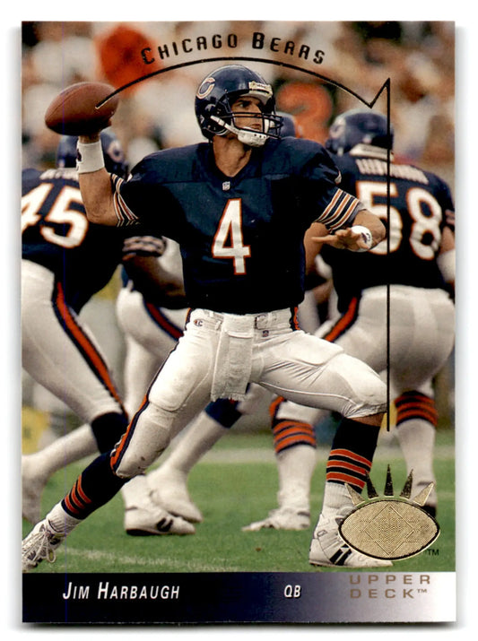 Football Jim Harbaugh trading card from 1993 Upper Deck SP Football featuring player in dark blue jersey