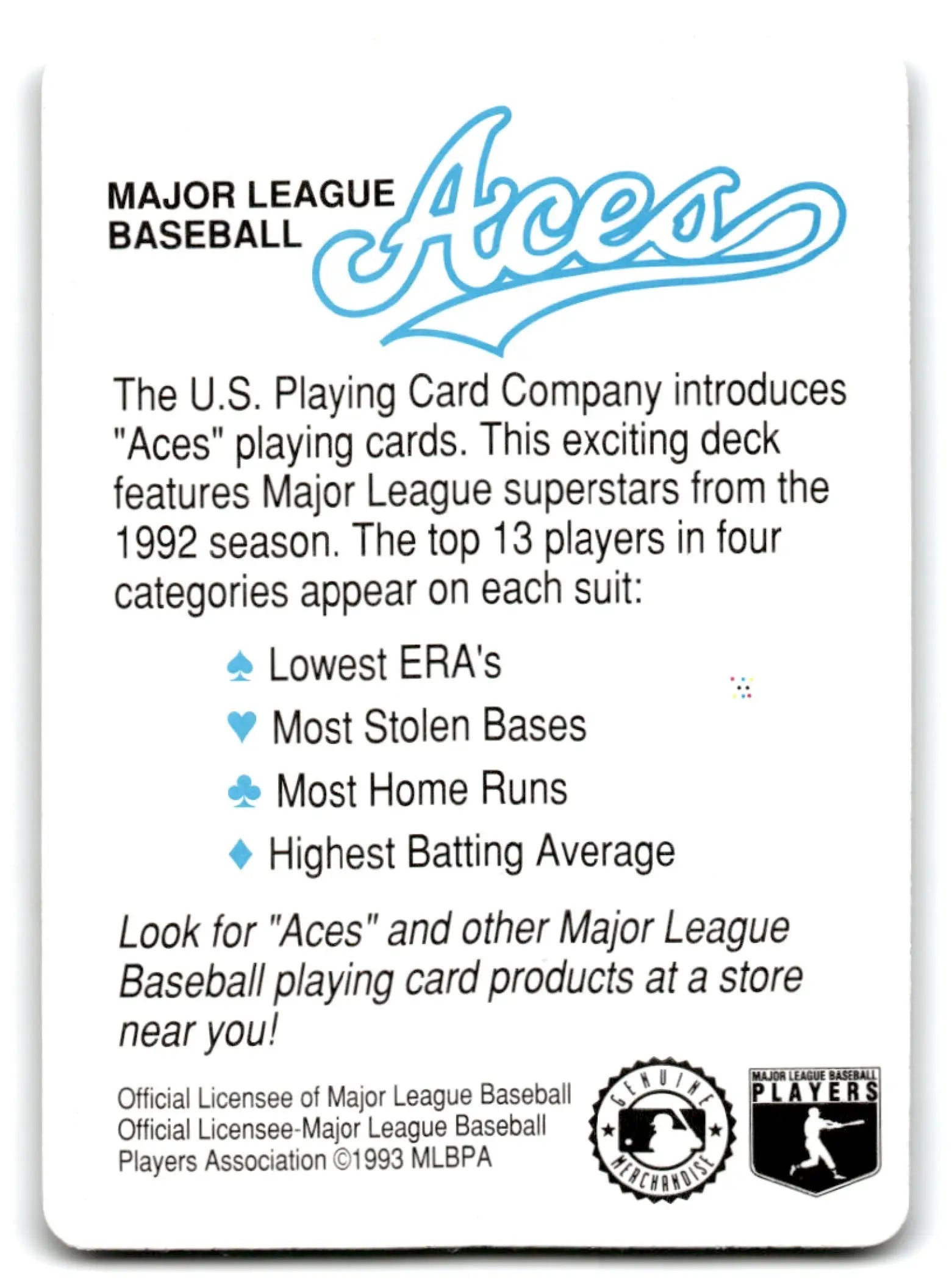 Back of a Major League Baseball Aces playing card from 1993 US Playing Cards Baseball Aces series