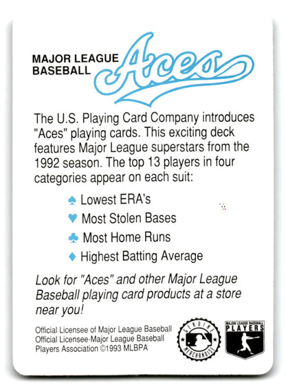 Back of a Major League Baseball Aces playing card from 1993 US Playing Cards Baseball Aces series