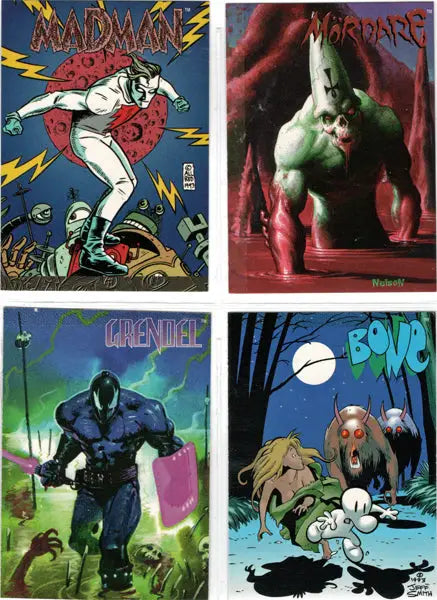 Four dynamic comic book covers showcasing superheroes and horror characters in action from Wizard Magazine Trading Cards
