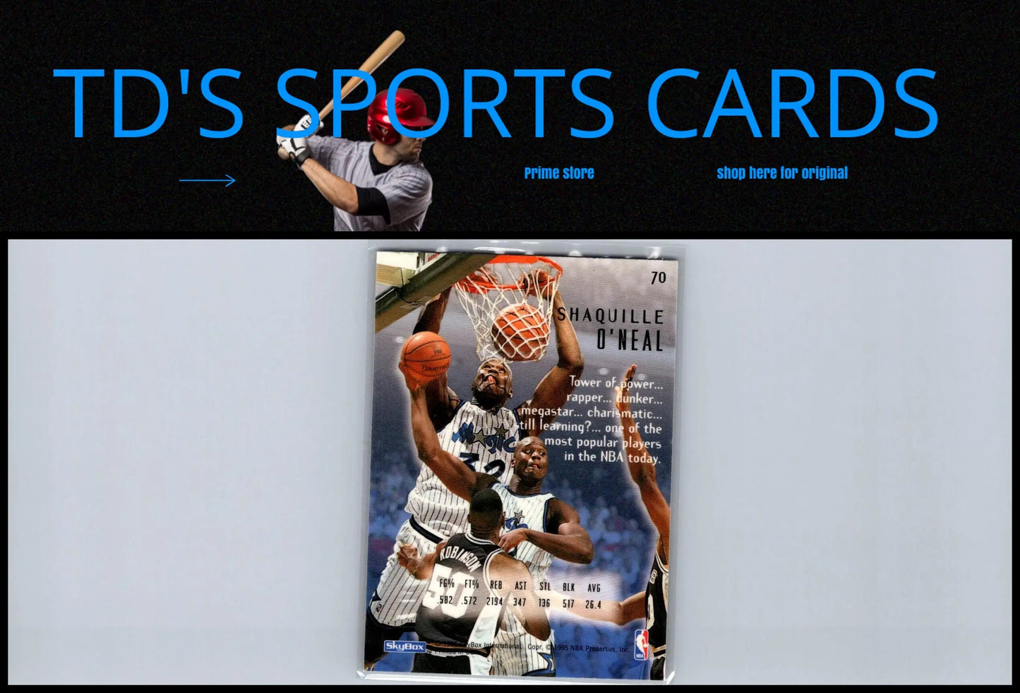 Shaquille O’Neal trading card from 1994-95 SkyBox E-Motion #70 features iconic player art