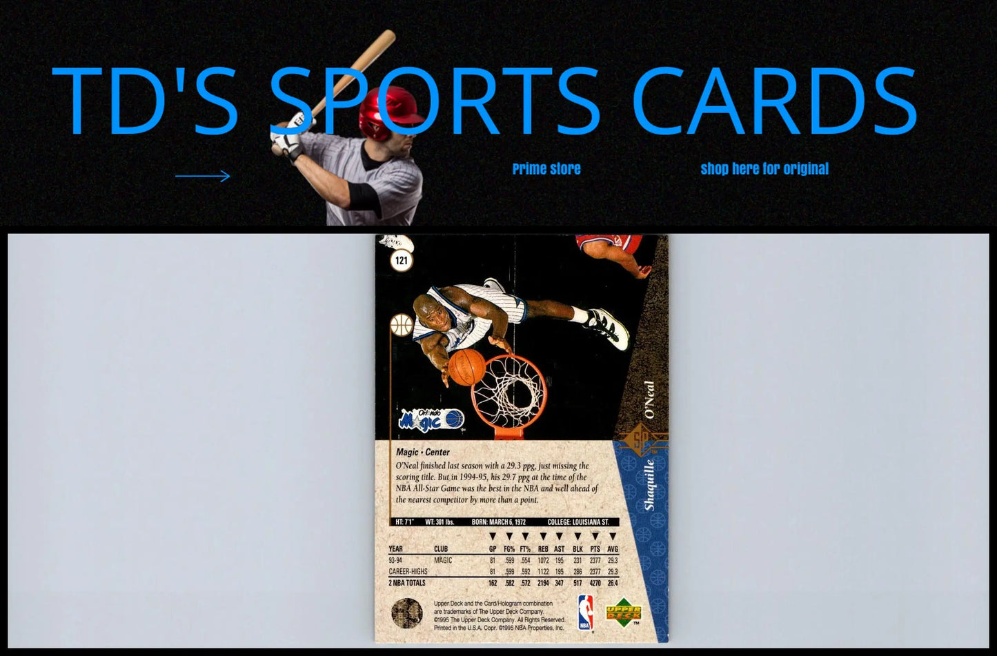 Basketball card featuring Shaquille O’Neal from 1994-95 SP trading collection