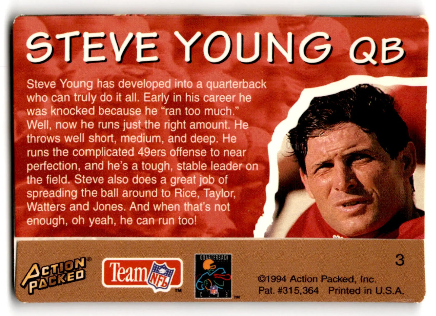 Action Packed Football card featuring Steve Young of the San Francisco 49ers
