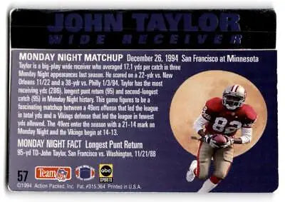 John Taylor football card from 1994 Action Packed Monday Night Football set