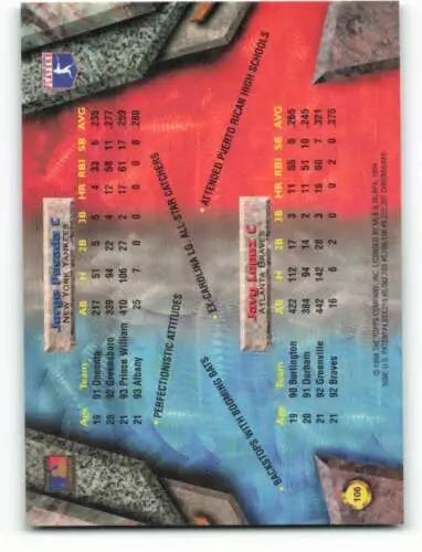 Back of 1994 Bowman’s Best #X106 Jorge Posada/Javy Lopez baseball card with original gloss
