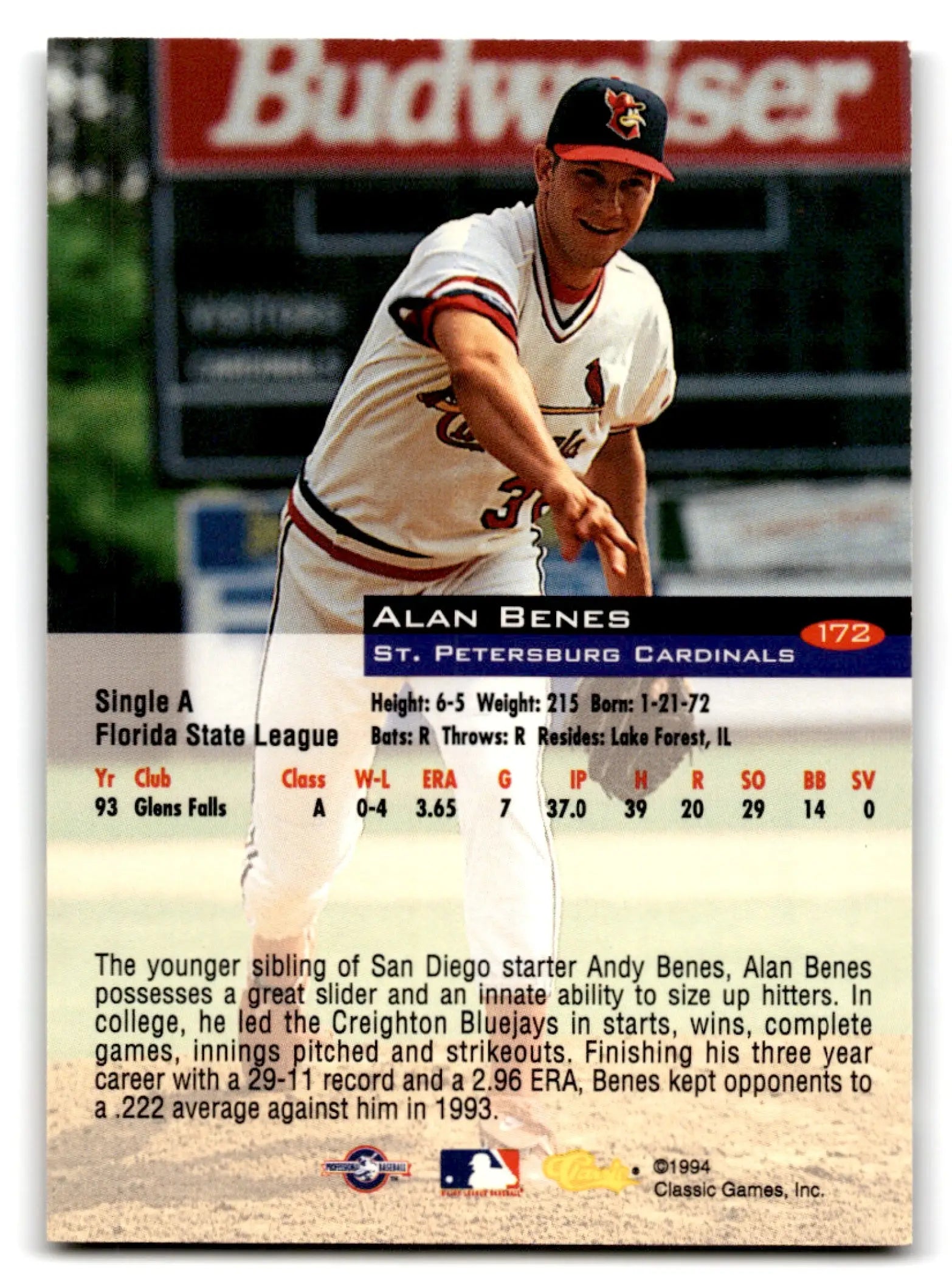 Classic baseball Alan featuring Alan Benes of the St. Petersburg Cardinals card