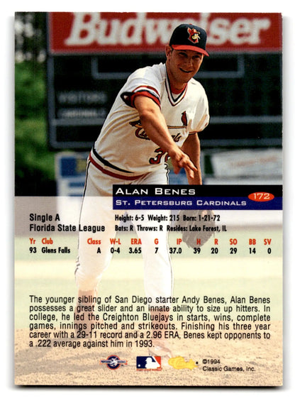 Classic baseball Alan featuring Alan Benes of the St. Petersburg Cardinals card