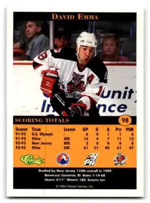 Hockey card featuring David Emma from 1994 Classic Pro Hockey Prospects series