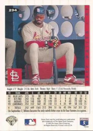 Baseball card featuring Mark Whiten in dugout with statistics, original gloss finish