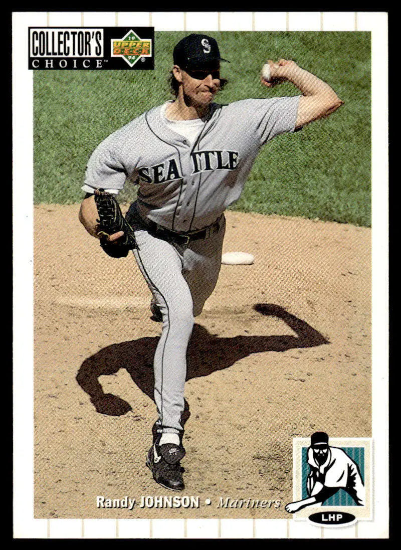 Randy Johnson pitching in gray Seattle Mariners uniform for baseball card display
