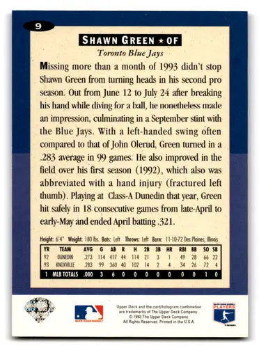 Shawn Green baseball card back with original gloss and silver signature from 1994 Collector’s Choice