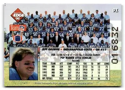 Football trading card of Jeff George with Colts team photo and player stats