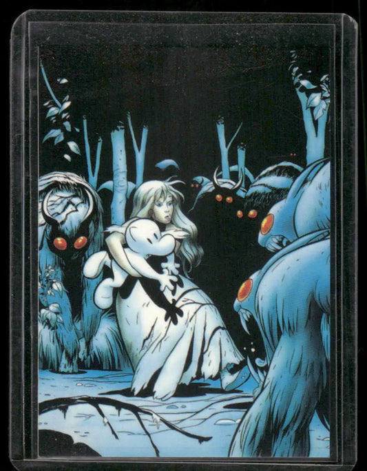 Comic images Bone sale promo card featuring girl holding cartoon character among monsters