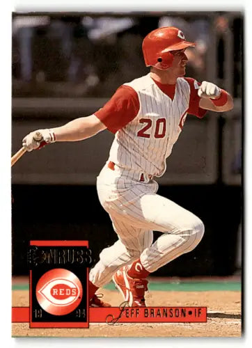 Cincinnati Reds player Jeff Branson swinging bat in pinstriped uniform trading card