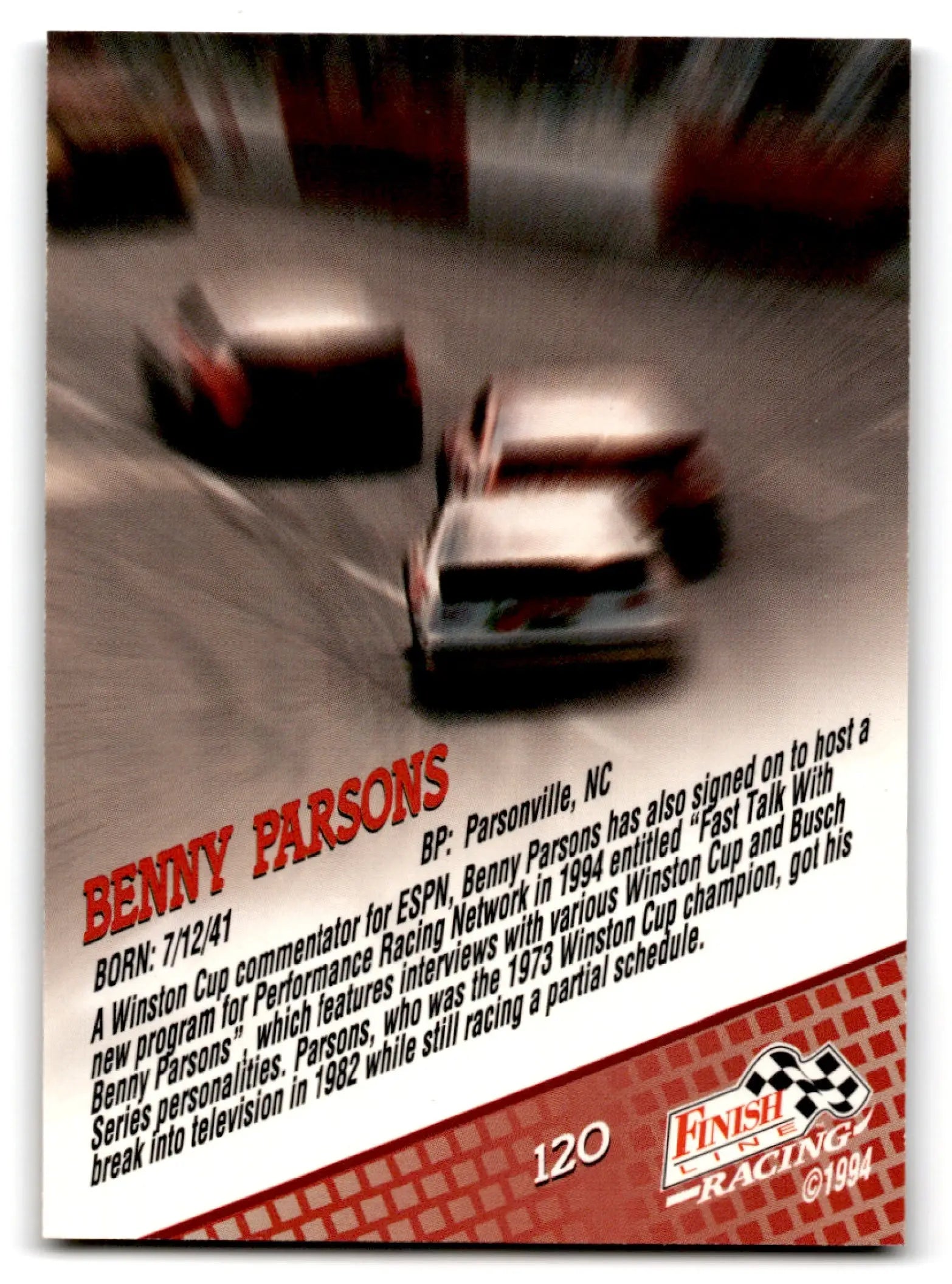 Collectible 1994 Finish Line Racing Benny Parsons card with blurred race cars image
