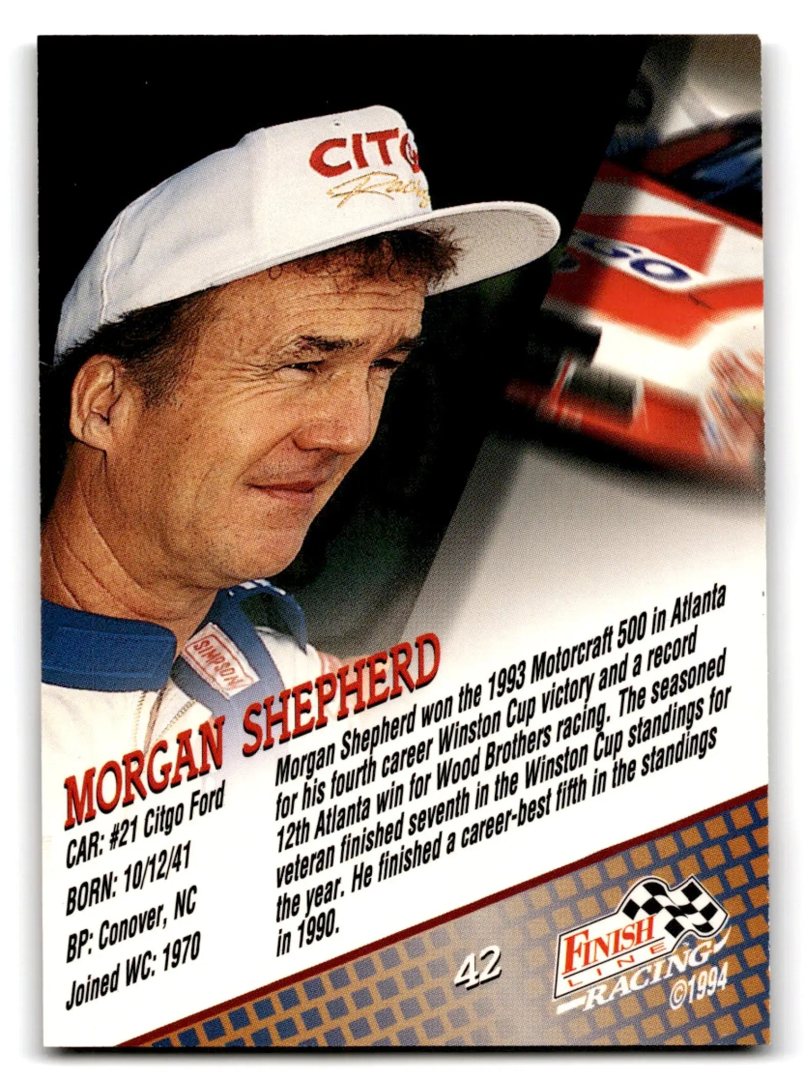 Vintage racing collectible card of Morgan Shepherd in white cap from Finish Line Racing