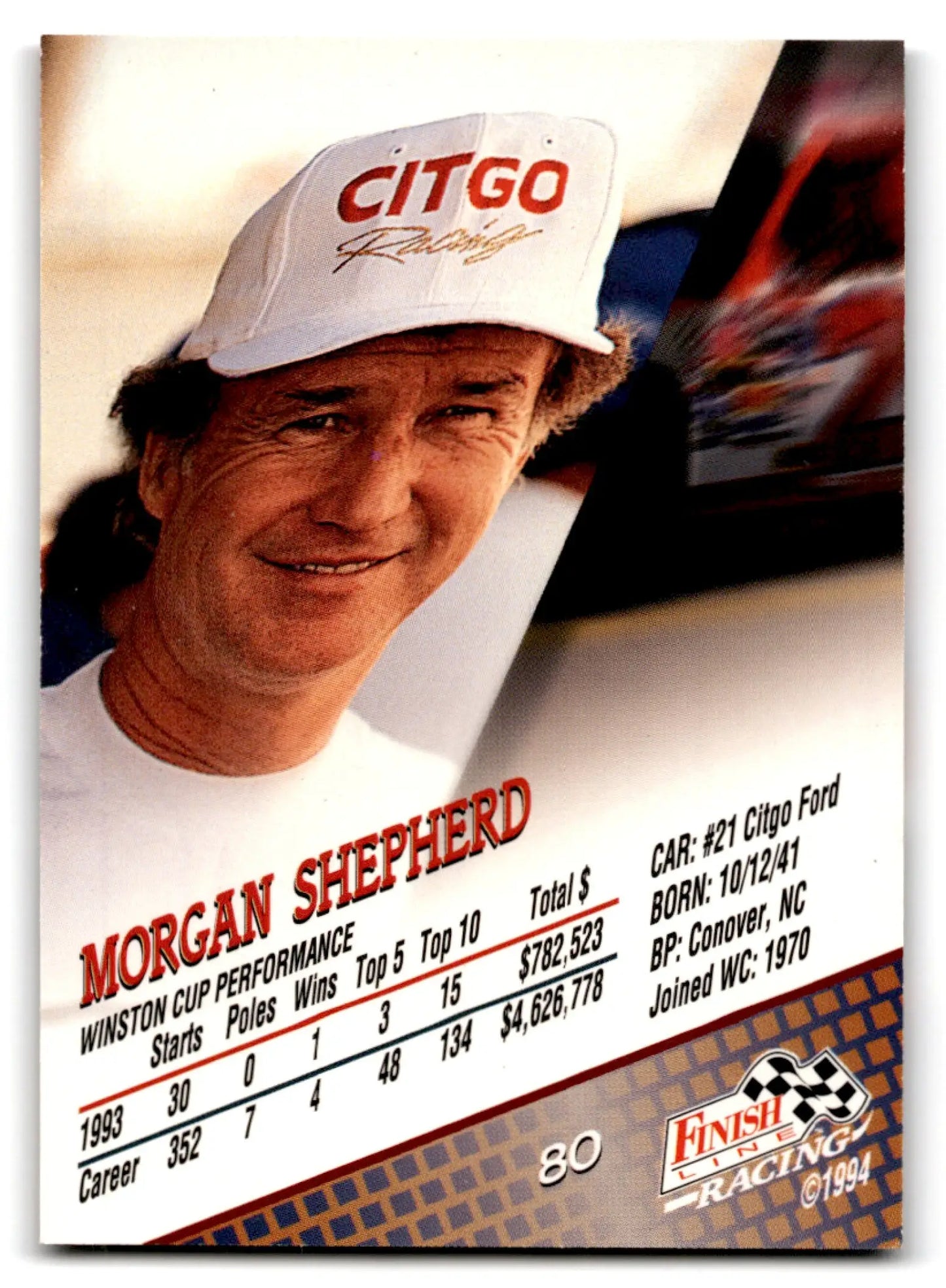 Collectible 1994 Finish Line Racing Morgan Shepherd trading card with career stats
