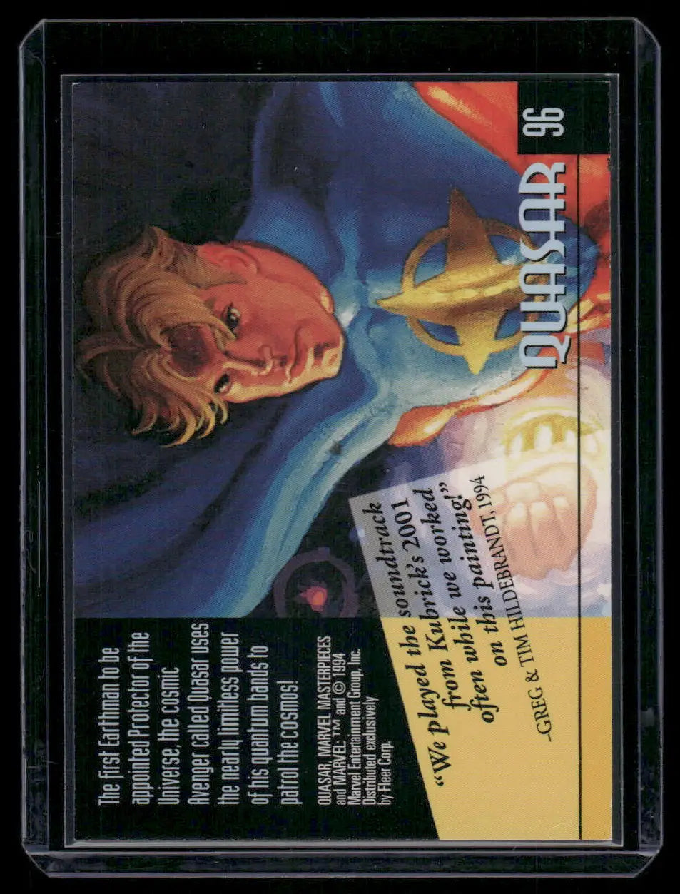 Collectible Marvel comic card featuring Quasar from Fleer Marvel Masterpieces series