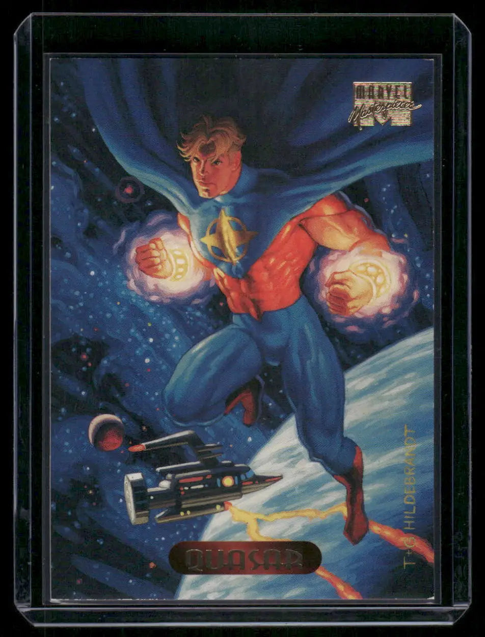 Fleer Marvel Masterpieces Quasar trading card featuring a superhero generating energy in space