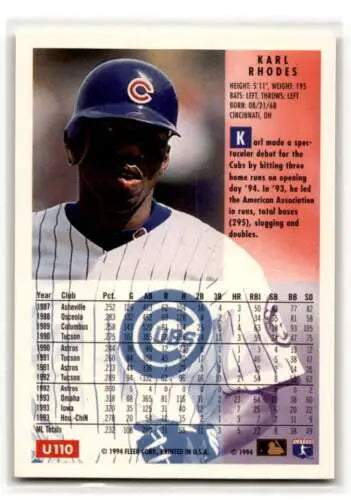Original gloss 1994 Fleer Update U110 Karl Rhodes Chicago Cubs Baseball Card