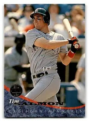 Tim Salmon swinging a bat featured on 1994 Leaf #109 baseball trading card