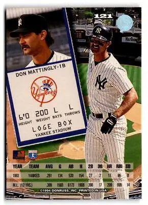 Don Mattingly 1994 Leaf #121 trading card for baseball card collectors