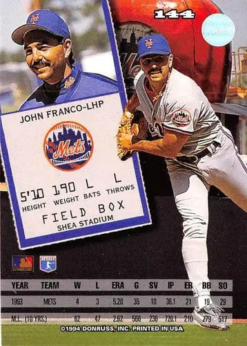 John Franco baseball card with original gloss, 1994 Leaf NM-MT Mets ID 71567