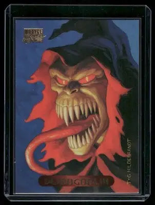 Marvel Masterpieces Demo Goblin collectible trading card featuring a monstrous hooded figure with glowing red eyes