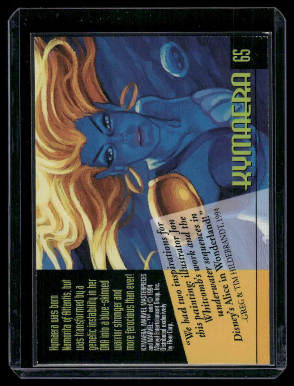 Collectible trading card featuring blue-skinned, golden-haired female Kymeara from Marvel Masterpieces Kymeara series